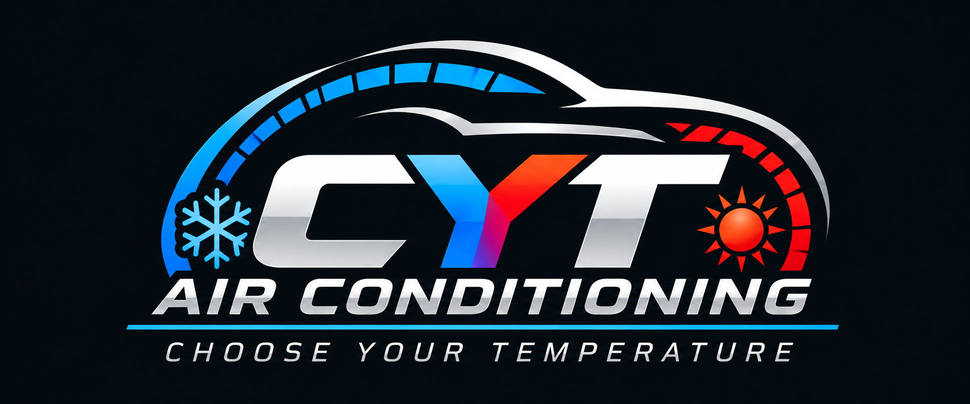 CYT Air Conditioning — Choose Your Temperature, with a blue-to-red temperature arc and car silhouette
